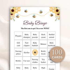 100 Printable Honey Bee Baby Shower Bingo Cards, Prefilled Baby Shower Gift Bingo Cards, Bumblebee Baby Shower Games, DOWNLOAD