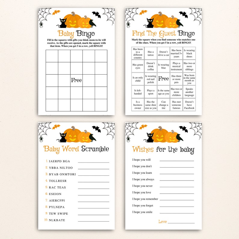 16 Printable Halloween Baby Shower Games, 5x7 Halloween Baby Shower ...