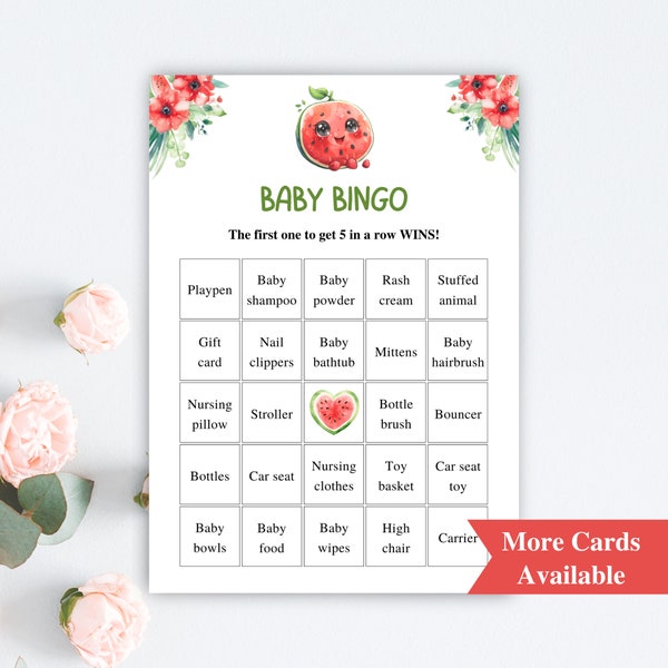 30 Printable Watermelon Baby Shower Bingo Cards | 5x7'' Prefilled Baby Bingo Cards | Tropical Baby Shower Games | DOWNLOAD