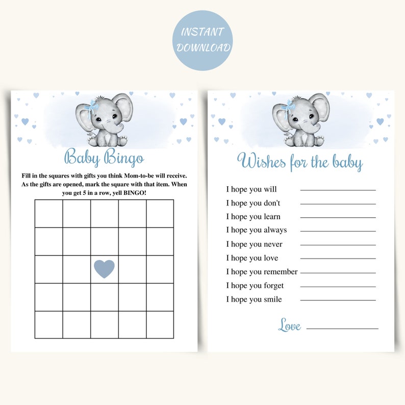 8 Printable Elephant Baby Shower Games, Boy Elephant Baby Shower Game