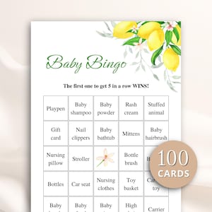 100 Printable Lemon Baby Shower Bingo Cards: Prefilled Gift Bingo, Amalfi Coast Theme DOWNLOAD