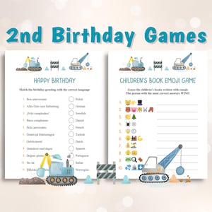 May include: Two printable game cards for a 2nd birthday party. The first card has a blue construction truck and asks players to match birthday greetings with the correct language. The second card has a blue construction truck and asks players to guess children's books written with emojis.