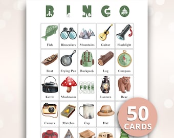 50 cartes de bingo illustrées sur le thème du camping à imprimer, jeux pour anniversaire et baby shower sur le thème du camping, format 21,6 x 27,9 cm (8,5 x 11 pouces) - TÉLÉCHARGEMENT