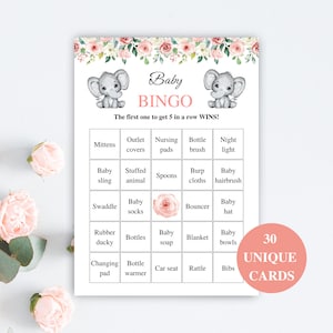 30 druckbare, vorausgefüllte Babyparty-Bingokarten | Floral Twin Baby Shower Bingo Karten | Elefant-Babyparty-Spiele | HERUNTERLADEN