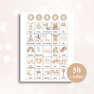 50 Printable Boho Baby Shower Bingo Cards | Baby Shower Picture Bingo | Boho Baby Shower Games | Baby Bingo |  US Letter 8.5x11 DOWNLOAD
