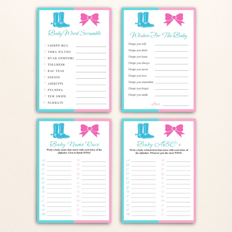 12 Printable Boots or Bows Gender Reveal Games Pink and Blue - Etsy