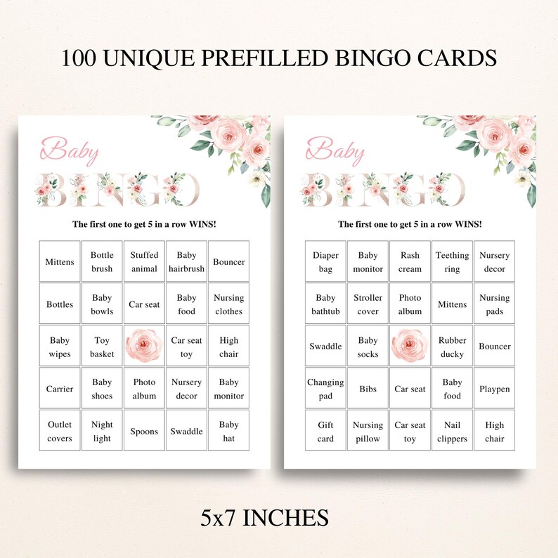 100 Printable Floral Baby Shower Bingo Cards, Prefilled Baby Shower ...