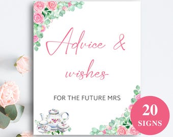 20 Printable Tea Party Bridal Shower Signs + Recipe, Advice, And Date Idea Cards, Afternoon Tea Bridal Shower Decorations, DOWNLOAD