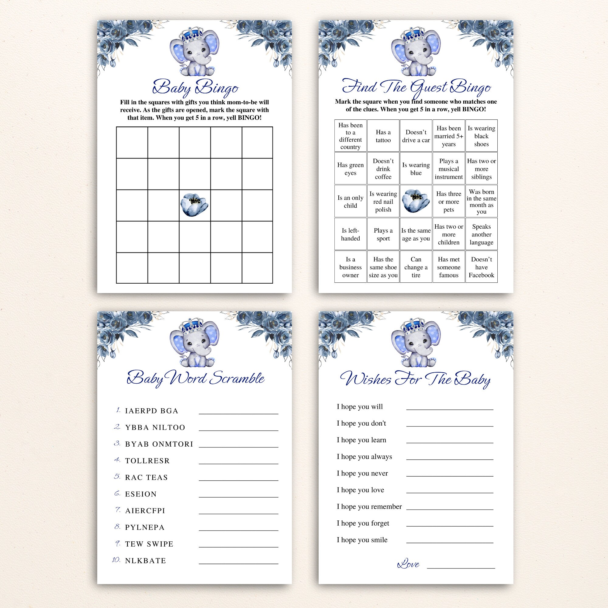 16 Printable Royal Blue Baby Shower Games Boy Elephant Baby Shower Game ...