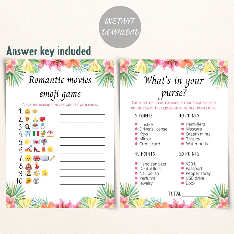 Printable Tropical Bridal Shower Games, Luau Bridal Shower Game Bundle
