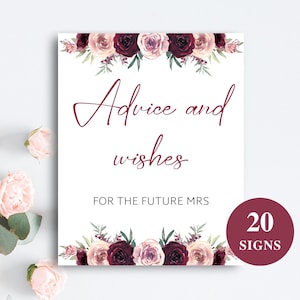 20 Printable Burgundy Bridal Shower Signs + Recipe, Advice, And Date Idea Cards: DOWNLOAD