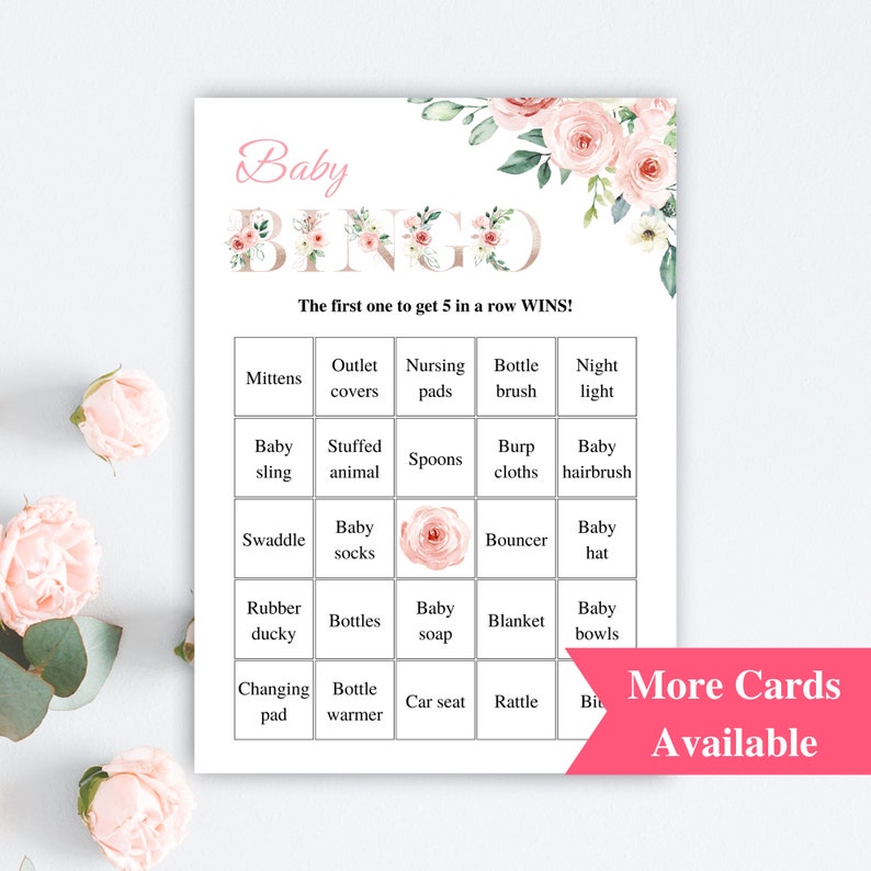 30 Printable Prefilled Baby Shower Bingo Cards, Floral Baby Shower