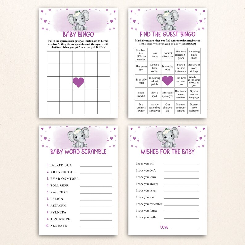 16 Printable Elephant Baby Shower Games, Purple Baby Shower Game Bundle ...