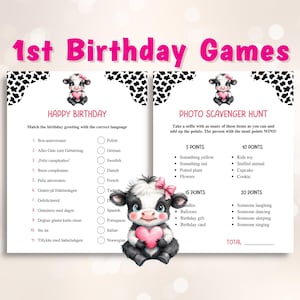 12 juegos imprimibles de cumpleaños de Holy Cow I'm One, paquete de juegos para fiestas de primer cumpleaños, juegos para fiestas de cumpleaños en la granja, tamaño carta de EE. UU. y A4 incluidos DESCARGAR