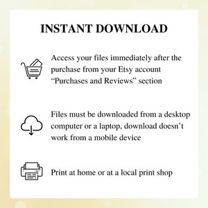 Puede incluir: Texto sobre un fondo blanco con un carrito de compras, una nube con una flecha de descarga y un icono de impresora. El texto dice "INSTANT DOWNLOAD", "Accede a tus archivos inmediatamente despu&eacute;s de la compra desde tu cuenta de Etsy "Compras y rese&ntilde;as" secci&oacute;n", "Los archivos deben descargarse desde un ordenador de sobremesa o un port&aacute;til, la descarga no funciona desde un dispositivo m&oacute;vil", y "Imprime en casa o en una tienda de impresi&oacute;n local".