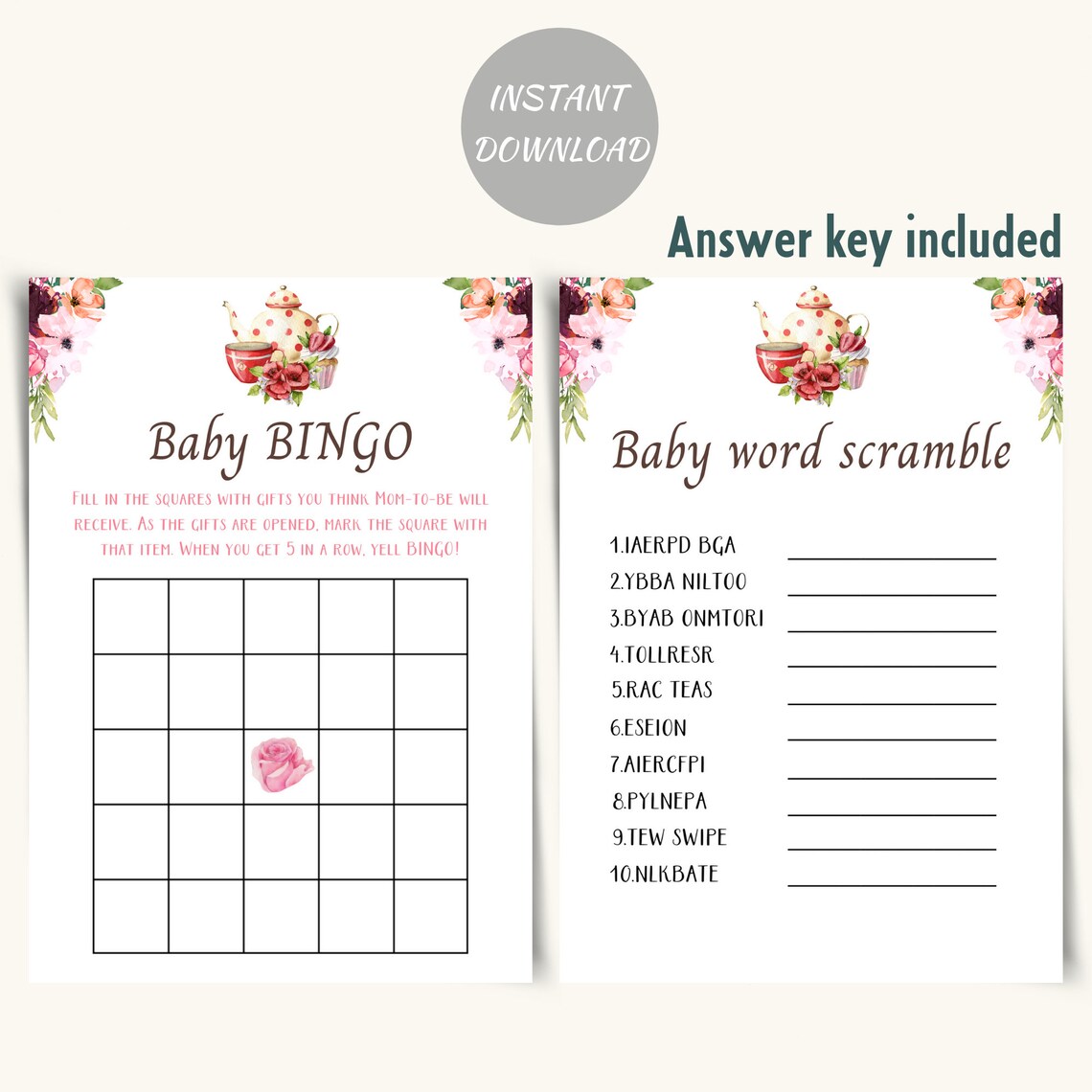 Tea Party Baby Shower Games Printable Afternoon Tea Baby Etsy