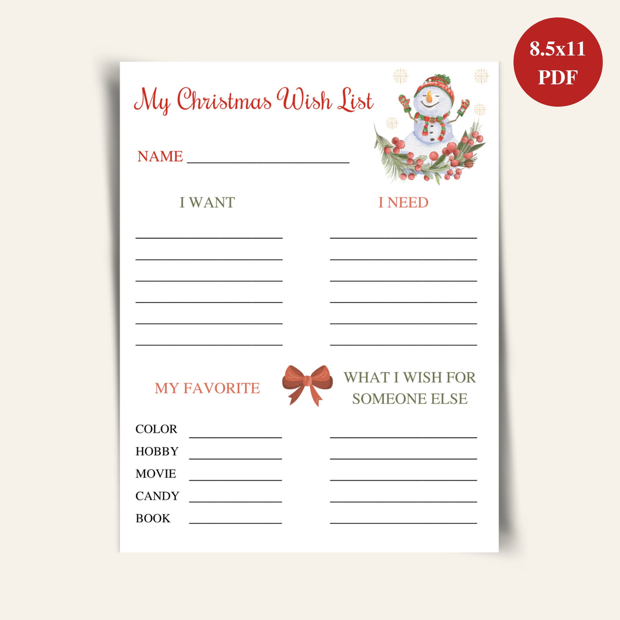 Printable Kids Christmas Wish List, Full Page Printable Christmas ...