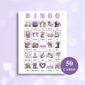 50 tarjetas de bingo de lavanda imprimibles / Bingo de imágenes de lavanda / Juegos de despedida de soltera de lavanda / Juegos de fiesta de lavanda / Carta de EE. UU. 8.5x11 DESCARGAR