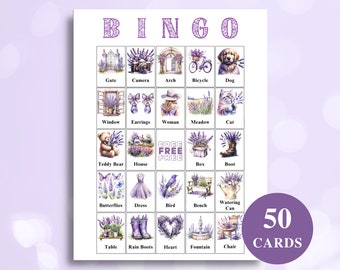 50 afdrukbare lavendel foto bingokaarten, lavendel bruids douche spelletjes, paarse babyshower spelletjes, verjaardagsfeestje spelletjes, 8,5 x 11'' DOWNLOAD