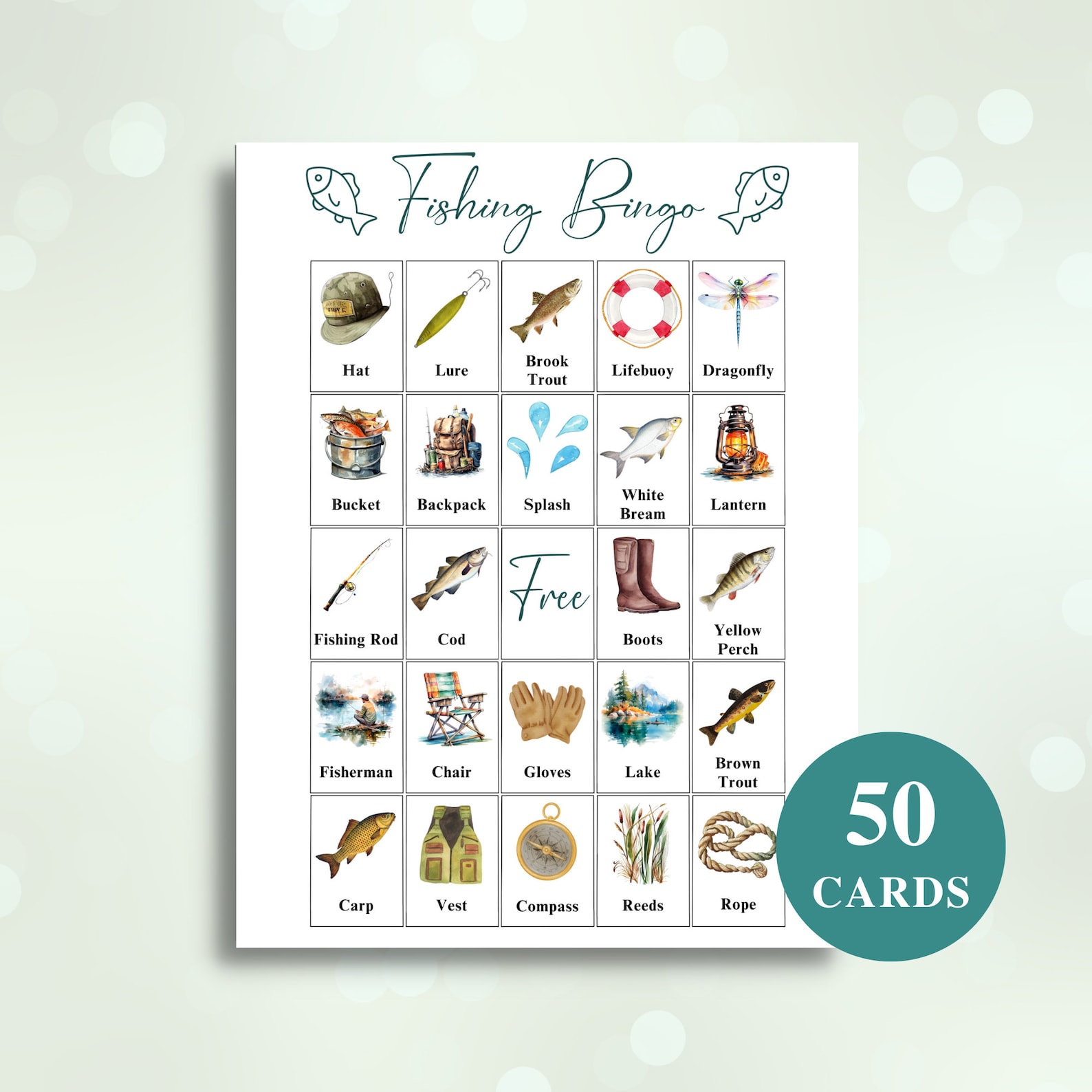 50 Printable Fishing Bingo Cards | Fishing Themed Picture Bingo ...