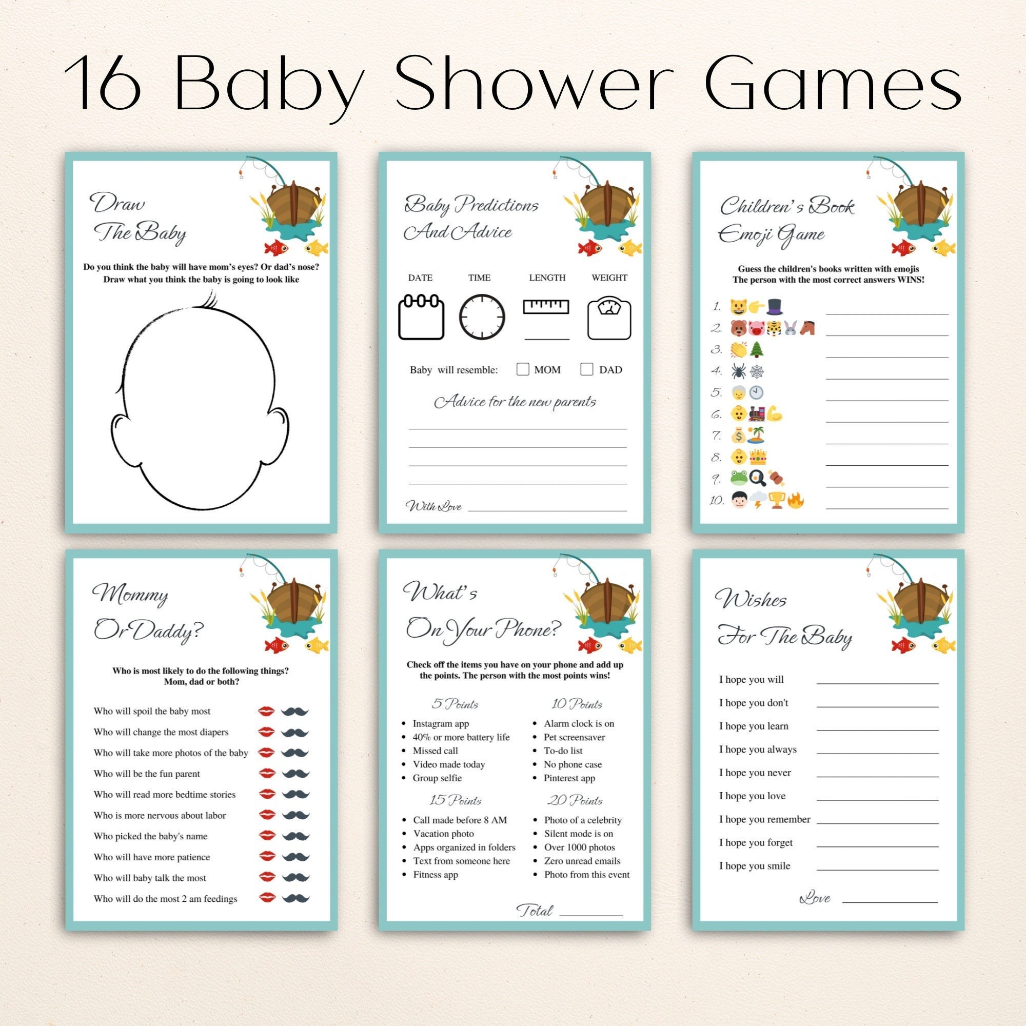 16 Printable Fishing Baby Shower Games Gone Fishing Baby Shower Game Bundle Fish  Baby Shower Were Reel Excited Baby Shower DOWNLOAD 