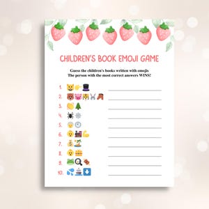 Juego imprimible de primer cumpleaños con diseño de bayas, juego de emojis para primer cumpleaños, juego de baby shower con fresas (incluye tamaño carta y A4) DESCARGAR