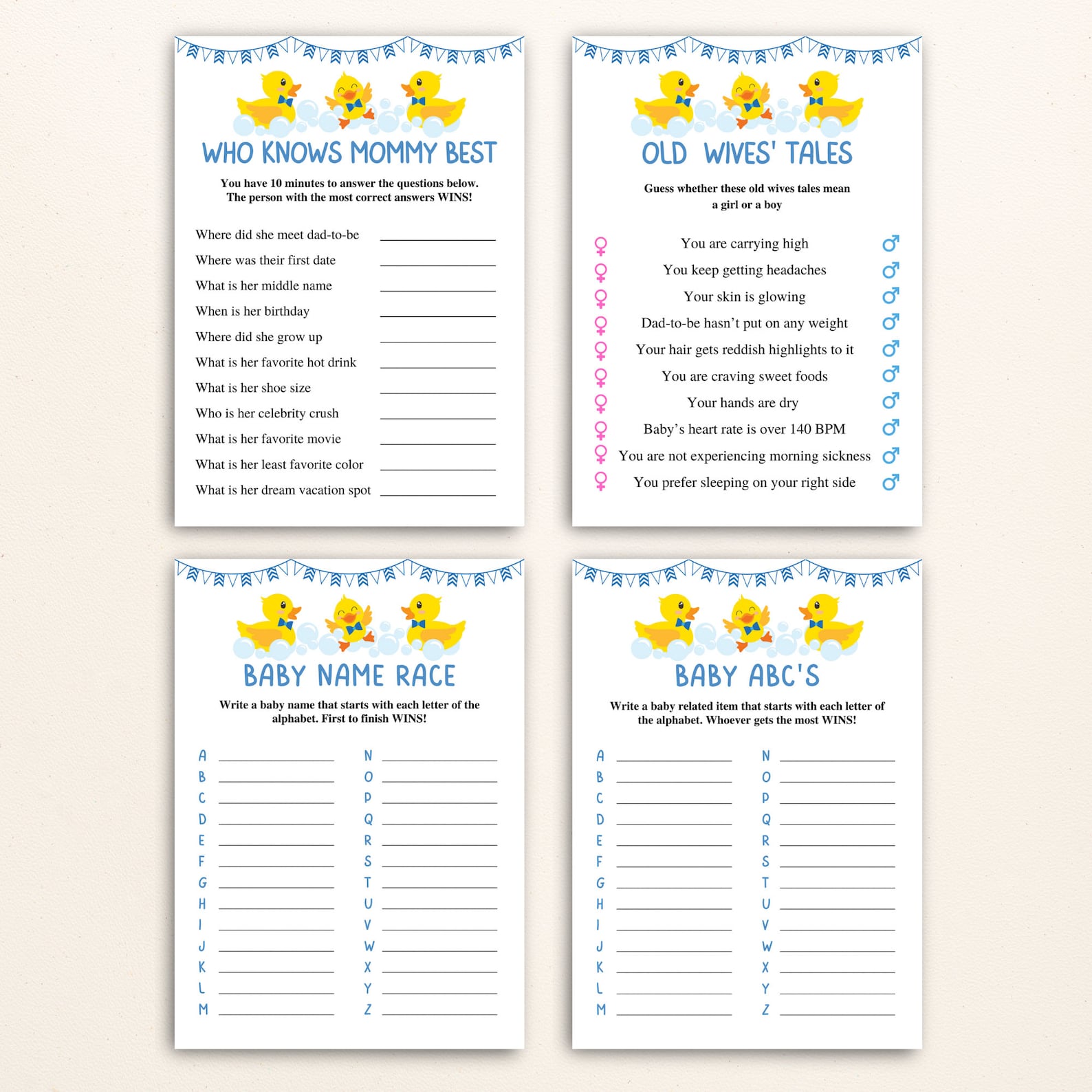 Printable Rubber Ducky Baby Shower Games: Blue Theme, 16 Game Bundle