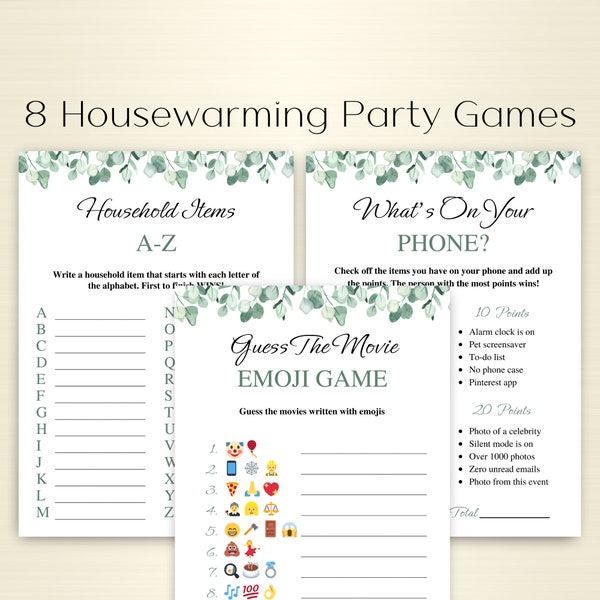 8 Printable Housewarming Party Games | New Home Party Games | Apartment Warming Party Games | Housewarming Game Bundle | DOWNLOAD