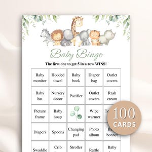 100 Druckbare Safari Baby Shower Bingo Karten: Vorgefülltes Geschenk Bingo, Dschungel Thema DOWNLOAD