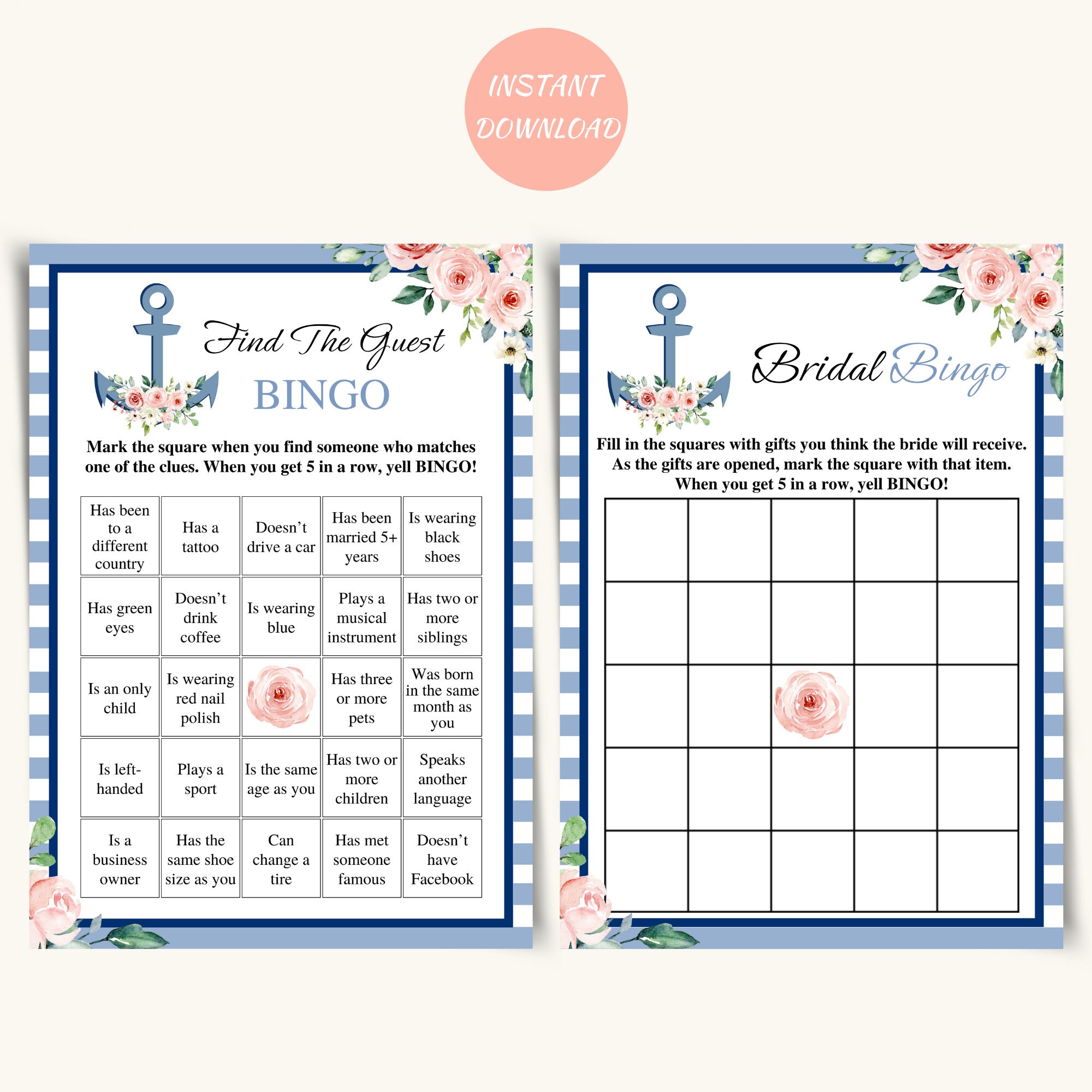 10 Printable Nautical Bridal Shower Games, Floral Anchor Bridal Shower ...