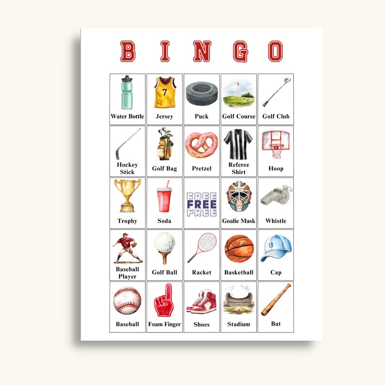 50 Printable Sports Bingo Cards | Sports Themed Picture Bingo ...
