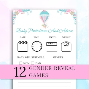 May include: A white card titled Baby Predictions And Advice featuring a pastel hot air balloon illustration, floral corners, and icons for date, time, length, and weight. The card includes checkboxes for Mom or Dad and lines for writing.
