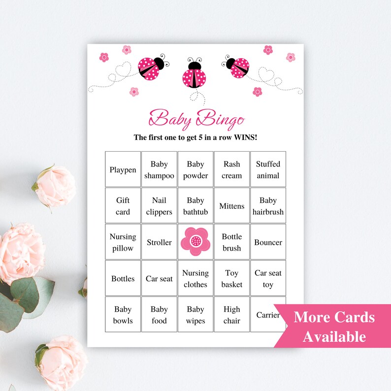 30 Printable Pink Ladybug Baby Shower Bingo Cards 5x7'' Prefilled ...