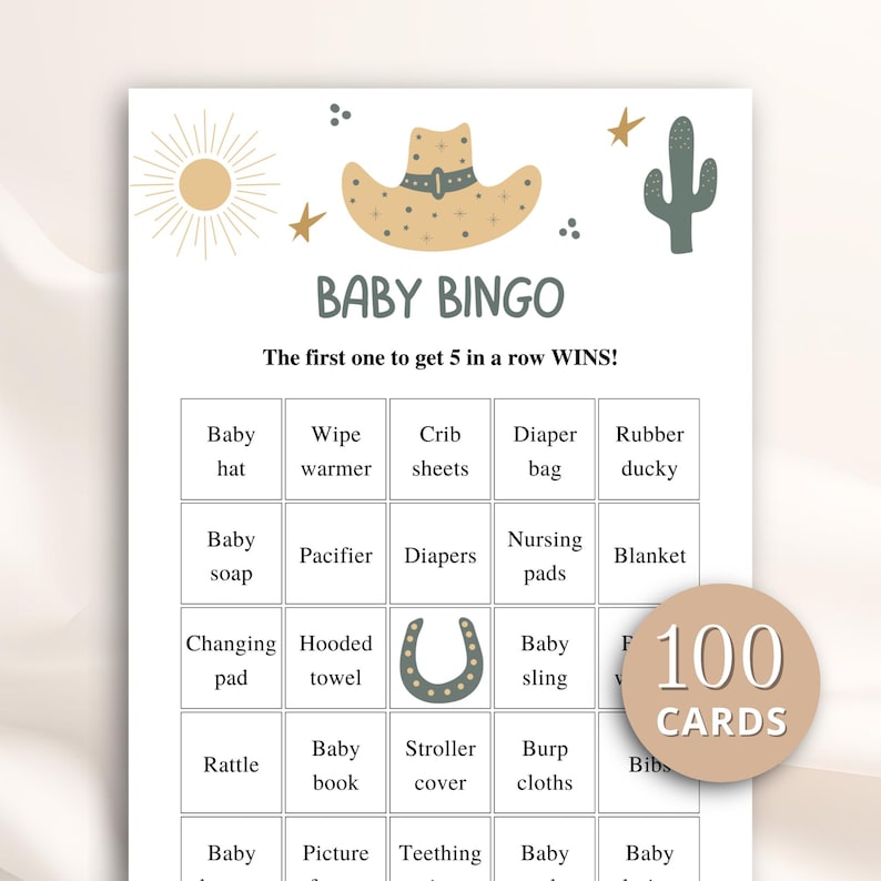100 Printable Western Baby Shower Bingo Cards: Prefilled Baby Shower Gift Bingo, Country Baby Shower, Cowboy Baby Shower Games DOWNLOAD image 1