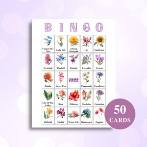 50 kart bingo kwiatowe do wydrukowania | Bingo obrazkowe o tematyce kwiatowej | Karty bingo ogrodnicze | Gry na przyjęcie ogrodowe | POBIERZ