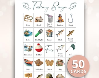 May include: A Fishing Bingo game card featuring a grid of twenty-five squares with watercolor illustrations of fishing gear and wildlife. Each square includes a label such as Rope, Bench, Lantern, Hook, Lake, Flashlight, Bucket, Chub, Trout, Fisherman, Bobber, Free, Bream, Net, Boat, Tackle Box, Gloves, Bag, Sign, Perch, Hat, Dock, and Fishing Rod.