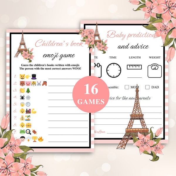 16 Printable Paris Baby Shower Games, 5x7'' French Baby Shower Game Bundle, Parisian Baby Shower, Eiffel Tower Themed Baby Shower, DOWNLOAD