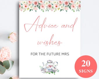 20 Printable Tea Party Bridal Shower Signs + Recipe, Advice, Date Idea Cards, Afternoon Tea Bridal Shower Decorations, DOWNLOAD