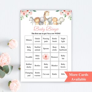 30 cartes de bingo imprimables roses Safari baby shower | Cartes de bingo préremplies pour bébé de 5 x 7 po. | Jeux de baby shower de la jungle rose | TÉLÉCHARGER