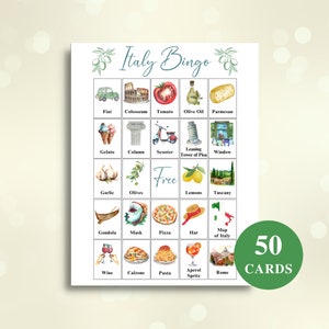 50 druckbare Italien Bingo Karten | Italien Themenbild Bingo | Italienisches Bingo Spiel | Brautdusche italienisch | 8,5x11 US Letter Größe | HERUNTERLADEN