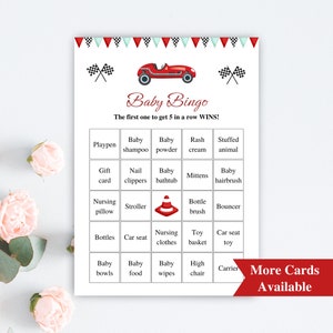 30 afdrukbare raceauto babyshower bingokaarten | 5x7'' Voorgevulde Racing Baby Bingokaarten | Babyshowerspellen met racethema | DOWNLOADEN