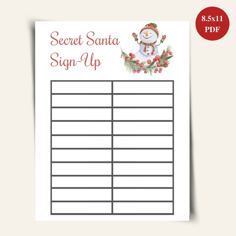 Printable Secret Santa Sign up Sheet, Christmas Gift Exchange Sign up ...
