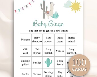 100 tarjetas de bingo imprimibles de llamas para baby shower, tarjetas de bingo precargadas para baby shower, juegos de cactus para baby shower, descarga
