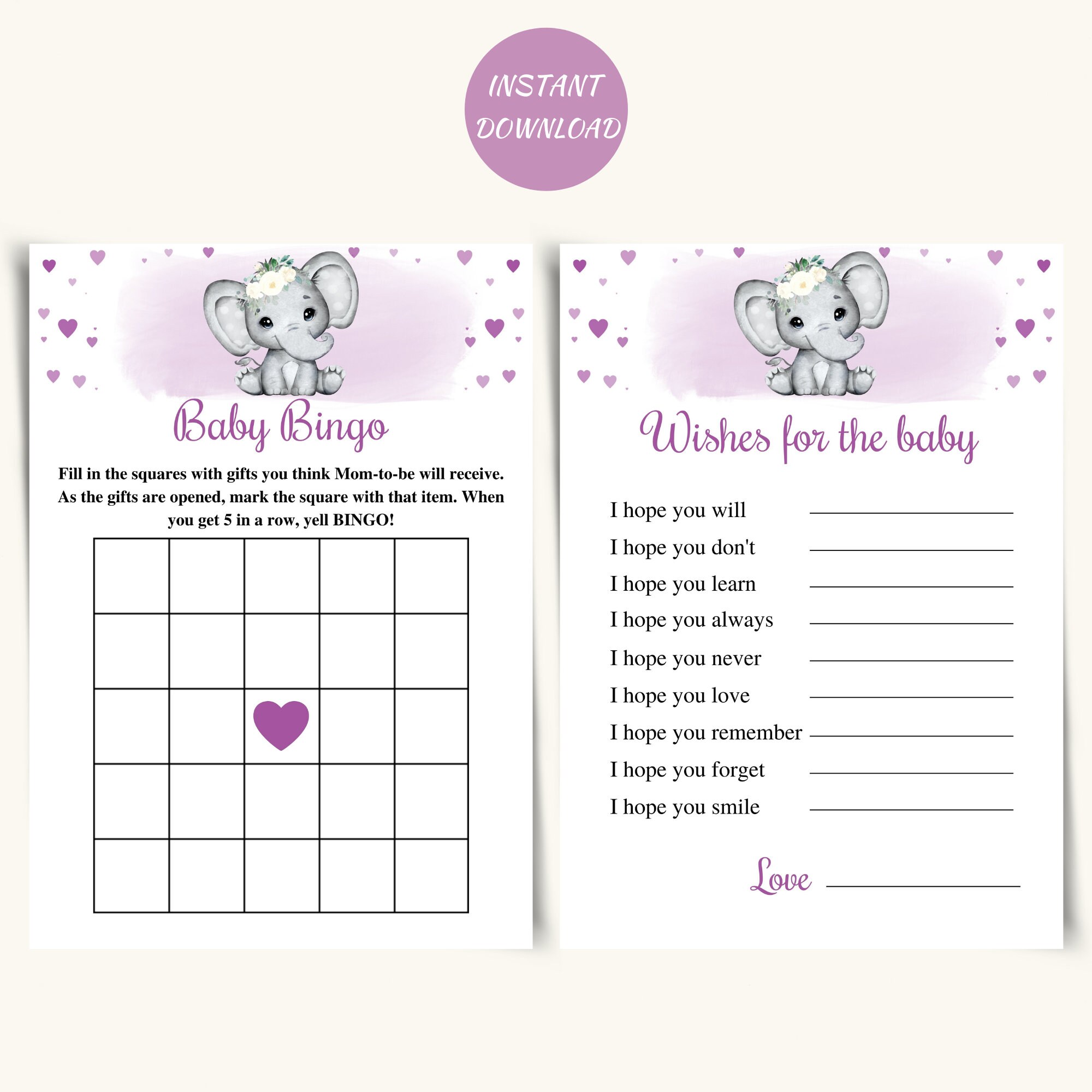 8 Printable Elephant Baby Shower Games, Purple Elephant Baby Shower ...