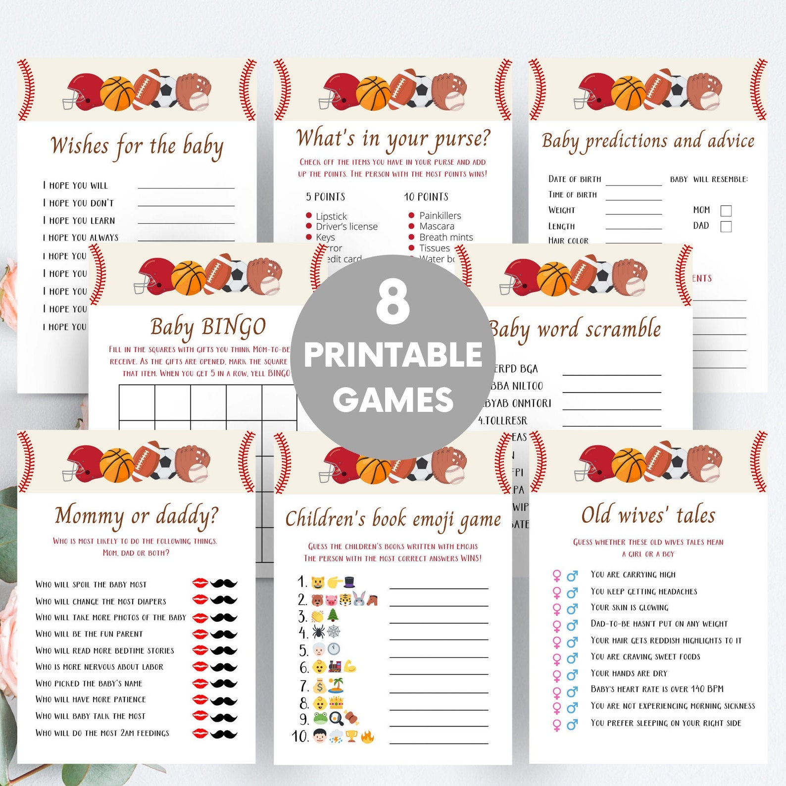 Printable Sports Themed Baby Shower Game Bundle Sports Baby Etsy