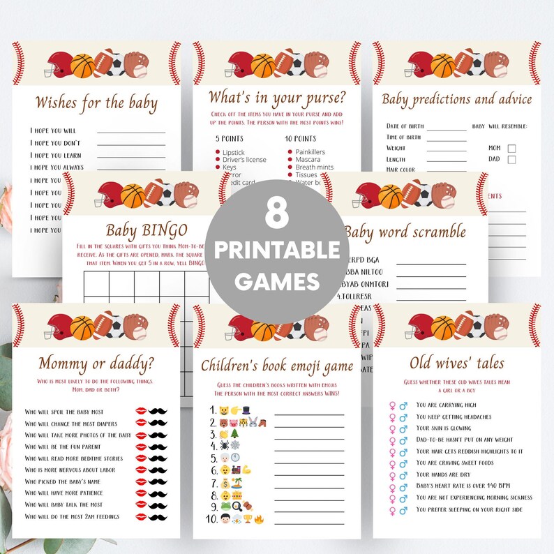 Printable Sports Themed Baby Shower Game Bundle Sports Baby Etsy