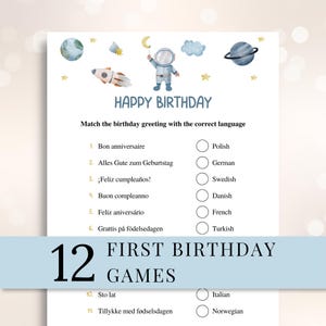 May include: A white printable birthday game sheet featuring space-themed watercolor illustrations of an astronaut, rocket, planets, and stars. The text reads Happy Birthday and Match the birthday greeting with the correct language, followed by a list of greetings.