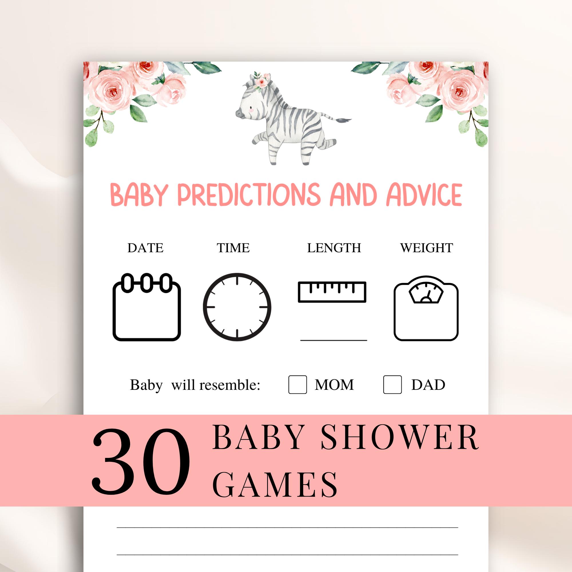 30 juegos imprimibles para baby shower con temática de cebra floral:  Paquete de juegos para baby shower estilo safari, juegos para baby shower  en la jungla, juegos para baby shower de niña,, image size:2000x2000