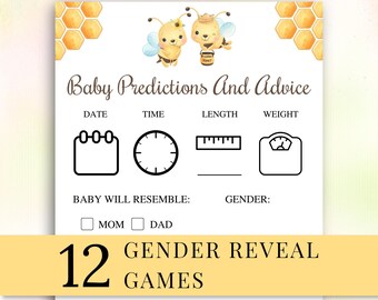 May include: A white baby shower game card titled Baby Predictions And Advice with watercolor bee illustrations, honeycomb borders, and black line icons for date, time, length, weight, and gender. A yellow banner across the bottom reads 12 GENDER REVEAL GAMES.