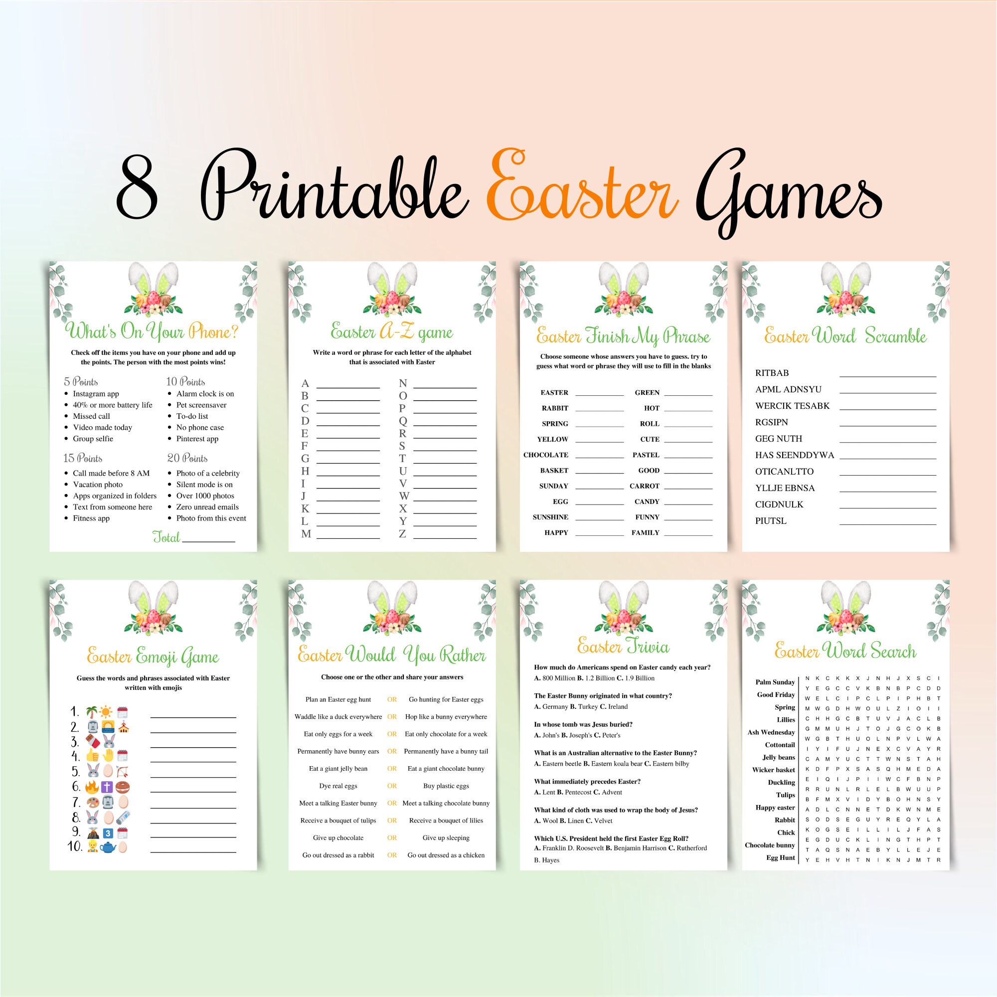 Printable Easter Games, Printable 8 Game Bundle for Easter Office Party ...